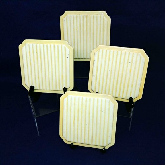 Trivets Embossed Fruit Vine Pattern Vintage Ceramic Yellow Set of 4 - Picture 4 of 8